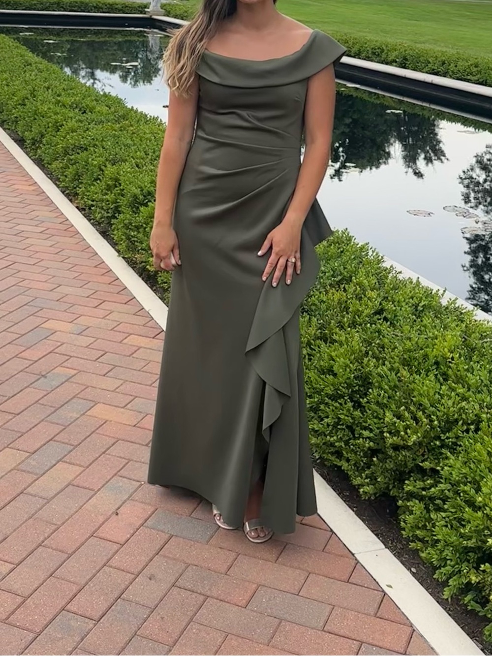 Xscape Olive Off-Shoulder Ruffle Gown - Picture 2 of 6